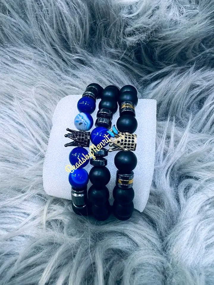 Blue agate & crown bracelet set